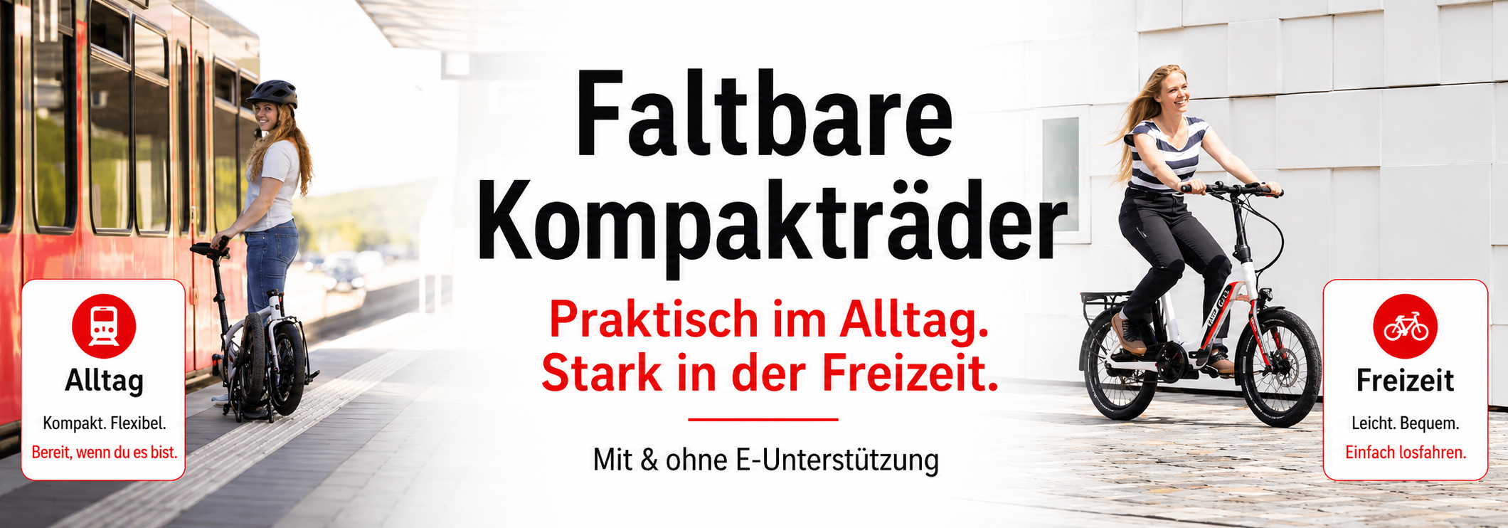 Breites Webseiten-Banner mit einem gefalteten Velo de Ville Foldy am Bahnsteig und einem Victoria Fylgran in Fahrt, Thema faltbare Kompakträder mit und ohne E-Unterstützung.