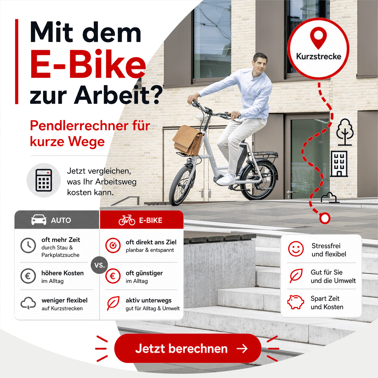 Grafik zum Pendlerrechner: Kostenvergleich zwischen Auto und E-Bike für den Arbeitsweg mit Symbolen für Sparpotenzial, Umwelt und kurze Wege.